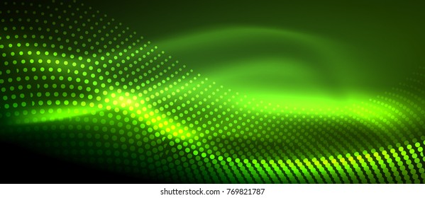 Ola abstracta brillante en movimiento oscuro y brillante, luz espacial mágica. Fondo abstracto vectorial techno, color verde
