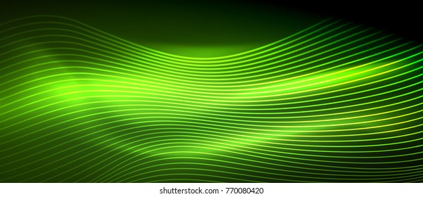 Ola abstracta brillante en movimiento oscuro y brillante, luz espacial mágica. Fondo abstracto vectorial techno, color verde