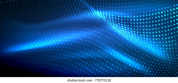 Onda abstrata brilhante no escuro, movimento brilhante, luz do espaço mágico. Vetor techno fundo abstrato, cor azul