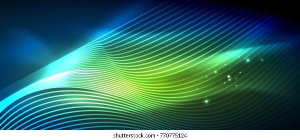 Ola abstracta brillante en movimiento oscuro y brillante, luz espacial mágica. Fondo abstracto vectorial techno, colores verde y azul