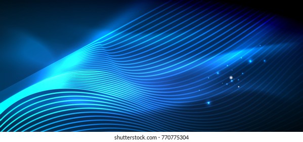 Glühende abstrakte Welle auf dunkler, glänzender Bewegung, zauberhaftes Raumlicht. Abstrakter Vektor-Techno-Hintergrund, blaue Farbe