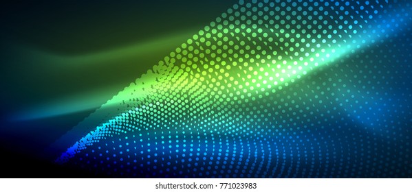 Glowing abstract wave on dark, shiny motion, magic space light. Vector techno abstract background, green and blue colors