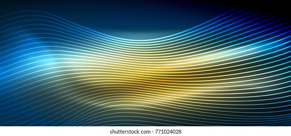 Glowing abstract wave on dark, shiny motion, magic space light. Vector techno abstract background, blue and yellow colors