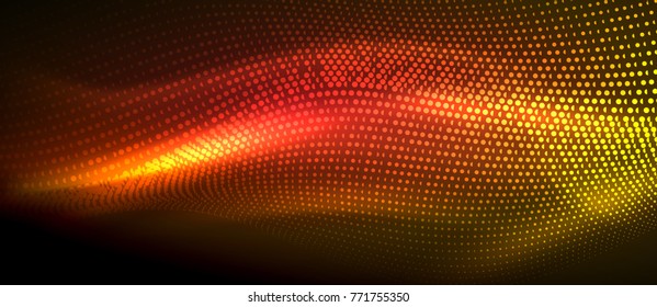 Glowing abstract wave on dark, shiny motion, magic space light. Vector techno abstract background, red and orange colors
