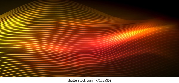 Glowing abstract wave on dark, shiny motion, magic space light. Vector techno abstract background, red and orange colors