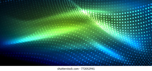 Ola abstracta brillante en movimiento oscuro y brillante, luz espacial mágica. Fondo abstracto vectorial techno, colores verde y azul