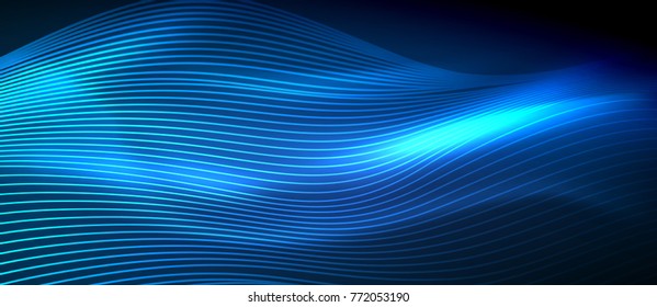 Glowing abstract wave on dark, shiny motion, magic space light. Vector techno abstract background, blue color