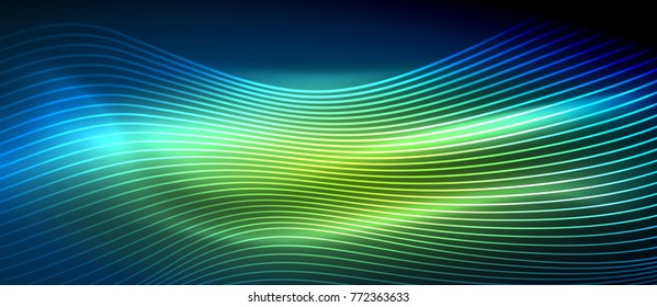 Ola abstracta brillante en movimiento oscuro y brillante, luz espacial mágica. Fondo abstracto vectorial techno, colores verde y azul