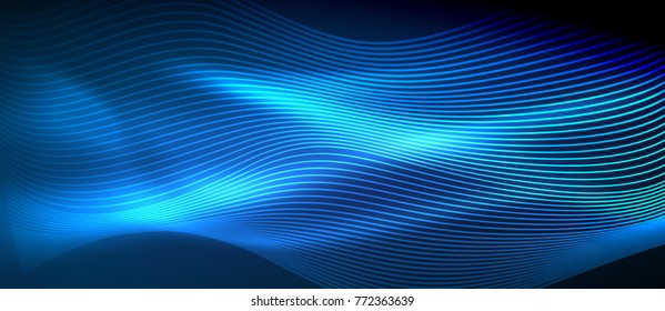 Glowing abstract wave on dark, shiny motion, magic space light. Vector techno abstract background, blue color
