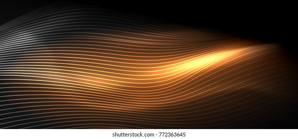 Glowing abstract wave on dark, shiny motion, magic space light. Vector techno abstract background, orange color