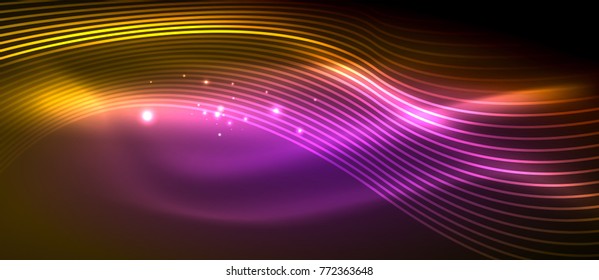 Glowing abstract wave on dark, shiny motion, magic space light. Vector techno abstract background