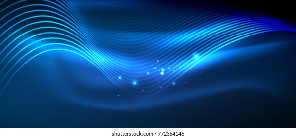 Glowing abstract wave on dark, shiny motion, magic space light. Vector techno abstract background, blue color