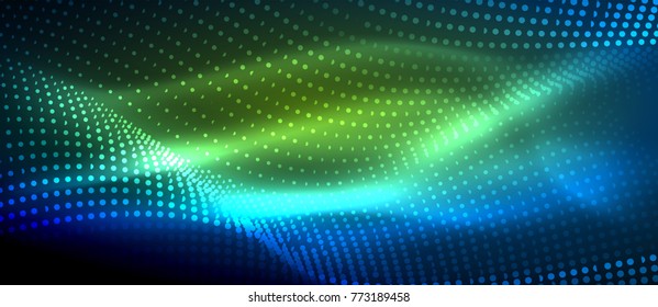 Glowing abstract wave on dark, shiny motion, magic space light. Vector techno abstract background, green and blue colors