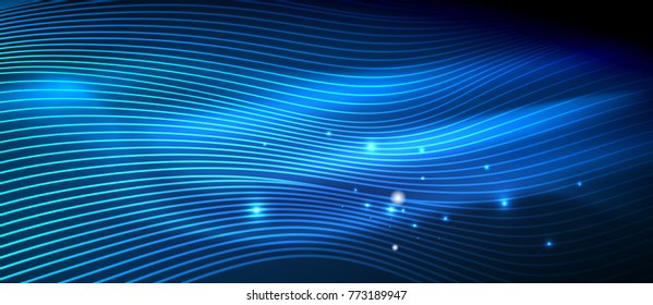 Glowing abstract wave on dark, shiny motion, magic space light. Vector techno abstract background, blue color