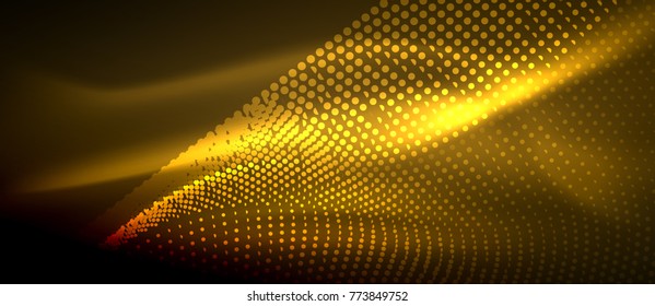 Glowing abstract wave on dark, shiny motion, magic space light. Vector techno abstract background, yellow color