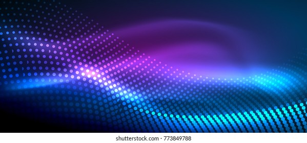 Glowing abstract wave on dark, shiny motion, magic space light. Vector techno abstract background. Blue and purple colors