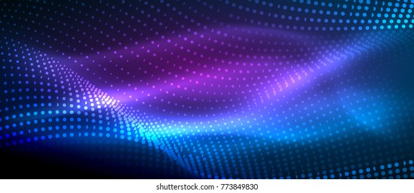 Ola abstracta brillante en movimiento oscuro y brillante, luz espacial mágica. Fondo abstracto Vector tecno. Color azul y violeta