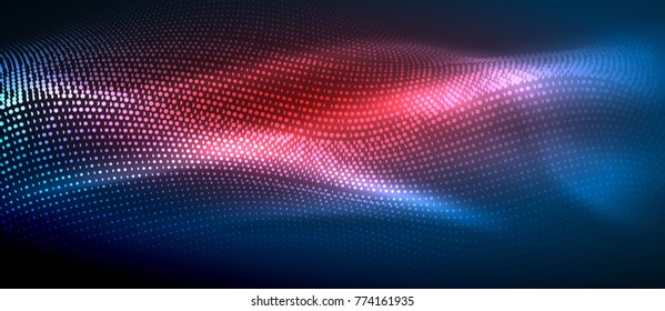 Glowing abstract wave on dark, shiny motion, magic space light. Vector techno abstract background, blue and red colors