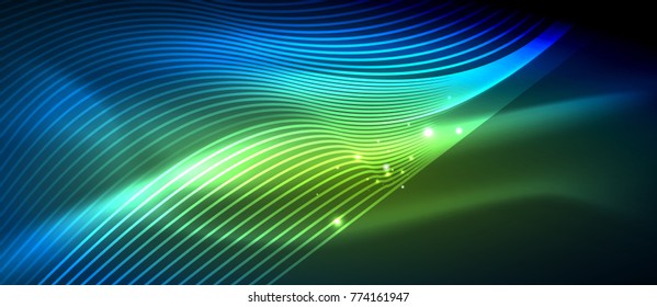 Ola abstracta brillante en movimiento oscuro y brillante, luz espacial mágica. Fondo abstracto vectorial techno, colores verde y azul