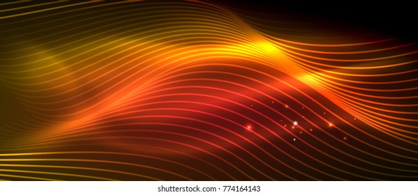 Ola abstracta brillante en movimiento oscuro y brillante, luz espacial mágica. Fondo abstracto vectorial techno, colores rojo y naranja