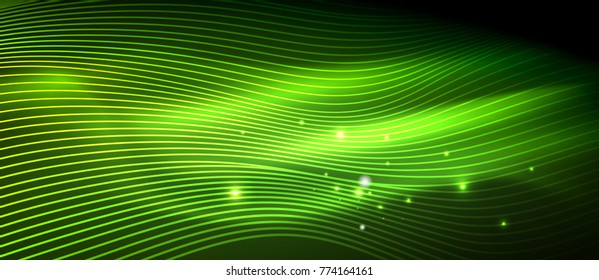 Glowing abstract wave on dark, shiny motion, magic space light. Vector techno abstract background, green color