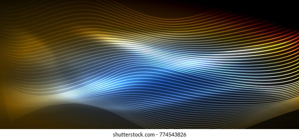 Glowing abstract wave on dark, shiny motion, magic space light. Vector techno abstract background