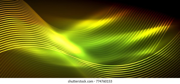 Glowing abstract wave on dark, shiny motion, magic space light. Vector techno abstract background