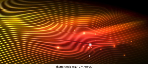 Glowing abstract wave on dark, shiny motion, magic space light. Vector techno abstract background, red and orange colors