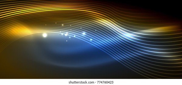 Glowing abstract wave on dark, shiny motion, magic space light. Vector techno abstract background