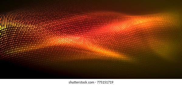 Glowing abstract wave on dark, shiny motion, magic space light. Vector techno abstract background, red and orange colors