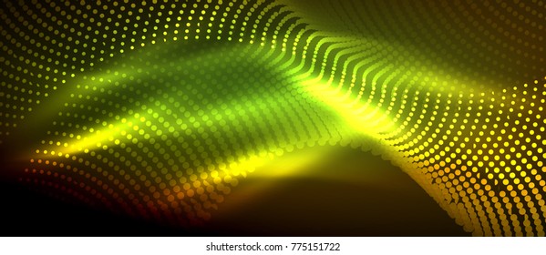 Glowing abstract wave on dark, shiny motion, magic space light. Vector techno abstract background