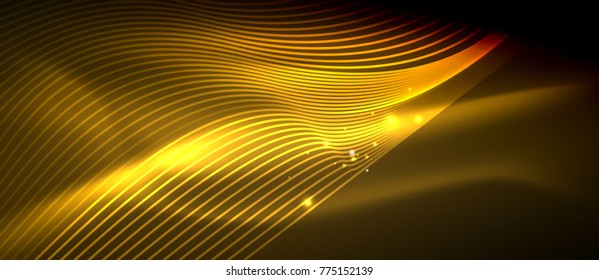 Glowing abstract wave on dark, shiny motion, magic space light. Vector techno abstract background, yellow color