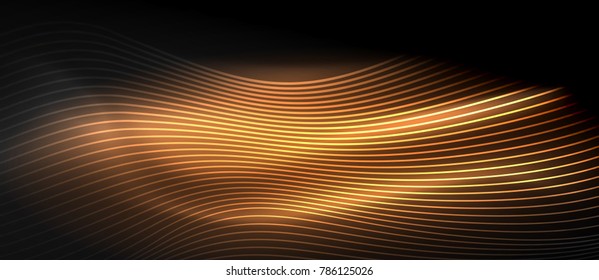 Glowing abstract wave on dark, shiny motion, magic space light. Vector techno abstract background, orange color
