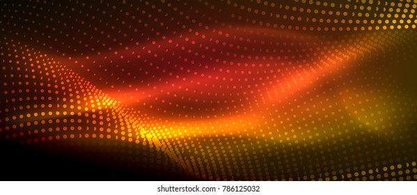 Glowing abstract wave on dark, shiny motion, magic space light. Vector techno abstract background, red and orange colors