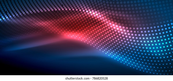 Glowing abstract wave on dark, shiny motion, magic space light. Vector techno abstract background, blue and red colors