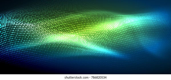 Glowing abstract wave on dark, shiny motion, magic space light. Vector techno abstract background, green and blue colors