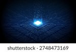 Glowing AI chip with circuit connections on blue tech background. Isometric 3D design showcasing semiconductor innovation and artificial intelligence concept. Vector illustration