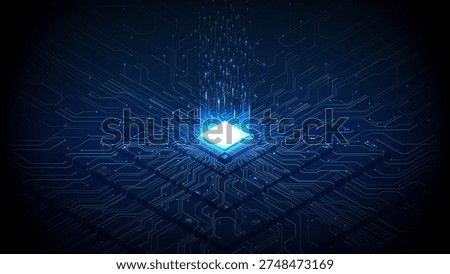 Glowing AI chip with circuit connections on blue tech background. Isometric 3D design showcasing semiconductor innovation and artificial intelligence concept. Vector illustration