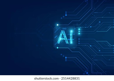 Chip de IA brilhante integrado em uma placa de circuito azul, simbolizando tecnologia avançada.AI (Inteligência Artificial) com a ilustração design.vetor circuito.	