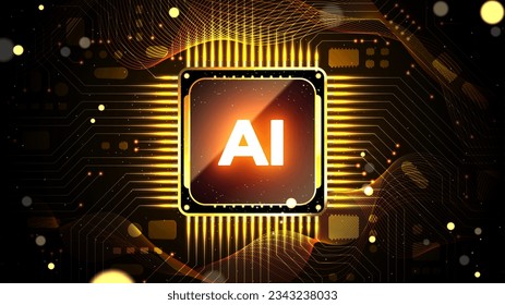 Procesador y circuitos del chipset AI brillante. CPU de inteligencia artificial futurista con placa base. Conceptos de ilustración de tecnología digital