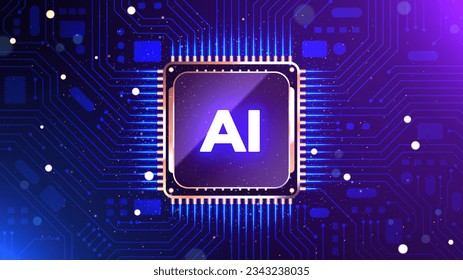 Procesador y circuitos del chipset AI brillante. CPU de inteligencia artificial futurista con placa base. Conceptos de ilustración de tecnología digital