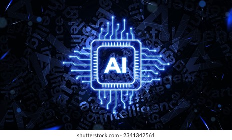 Glowing AI chipset processor with scattered text background. Digital technology wallpaper of artificial intelligence. Futuristic CPU circuit concept in the neon light style