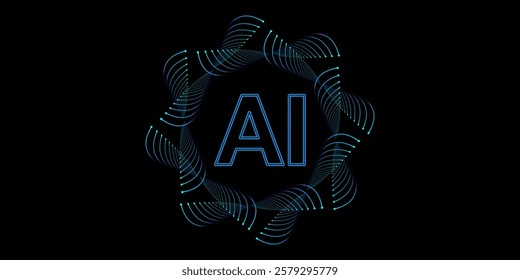 Glowing AI circuit icon. Artificial intelligence technology logo isolated on black background. Vector illustration.