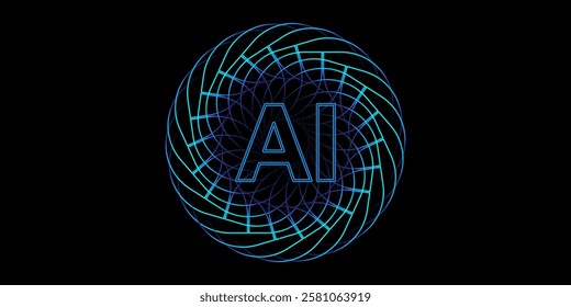 Glowing AI circuit icon. Artificial intelligence technology logo isolated on black background. Vector illustration.	