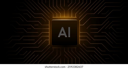Glowing AI golden chip on circuit board. Technology background. CPU processor on tech bg. Computer microchip on motherboard. Vector illustration