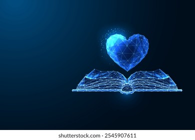 Glowing AI heart floats above open book on dark blue background, symbolizing knowledge, innovation, technology, creativity, and futuristic learning. Glowing low polygonal abstract vector illustration.