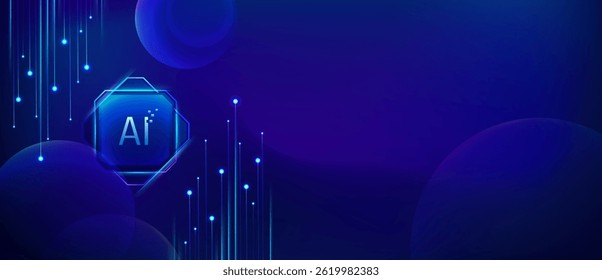 Glowing AI hexagon with flowing digital data on blue technology background