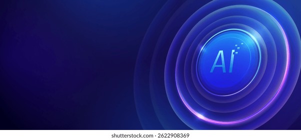 Glowing AI icon with futuristic tech background rings