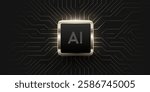 Glowing AI metal chip on circuit board. Technology background. CPU processor on tech bg. Computer microchip on motherboard. Vector illustration
