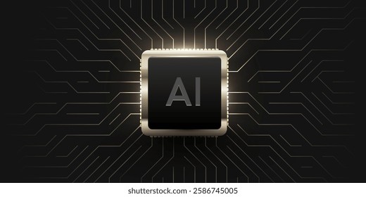 Glowing AI metal chip on circuit board. Technology background. CPU processor on tech bg. Computer microchip on motherboard. Vector illustration